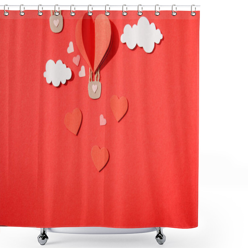 Personality  Top View Of Paper Heart Shaped Air Balloon In Clouds On Red Background Shower Curtains