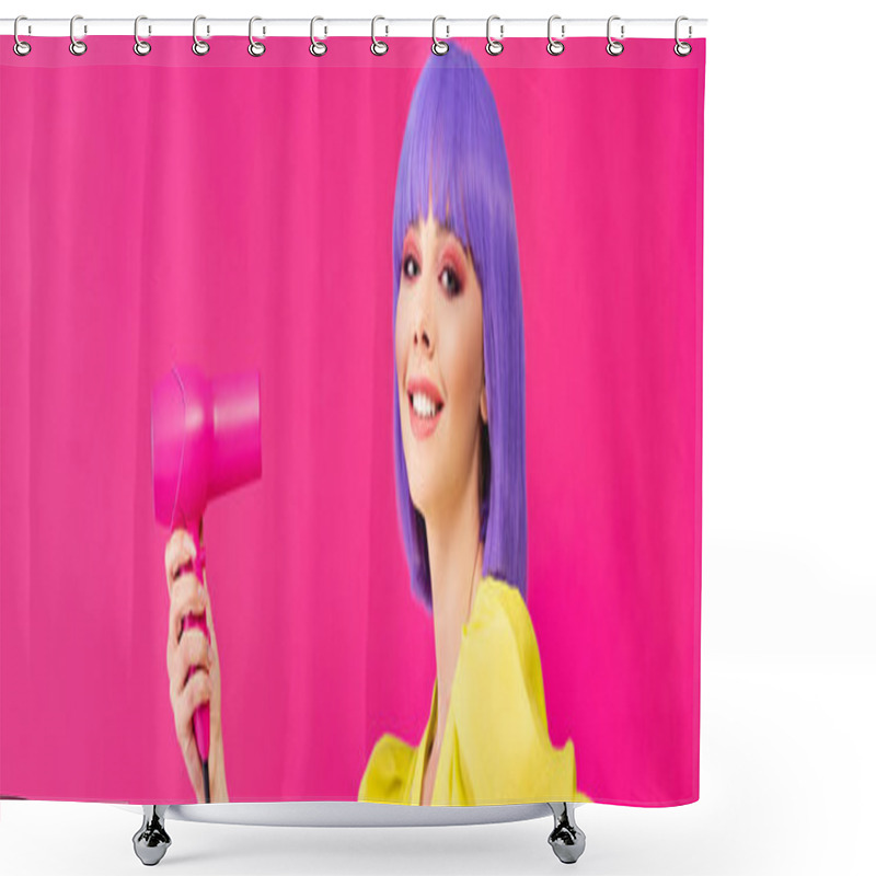 Personality  Panoramic Shot Of Cheerful Pop Art Girl In Purple Wig Using Hair Dryer, Isolated On Pink Shower Curtains