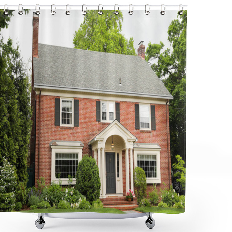 Personality  White Brick House With A Green Roof And A Red Brick Building Shower Curtains