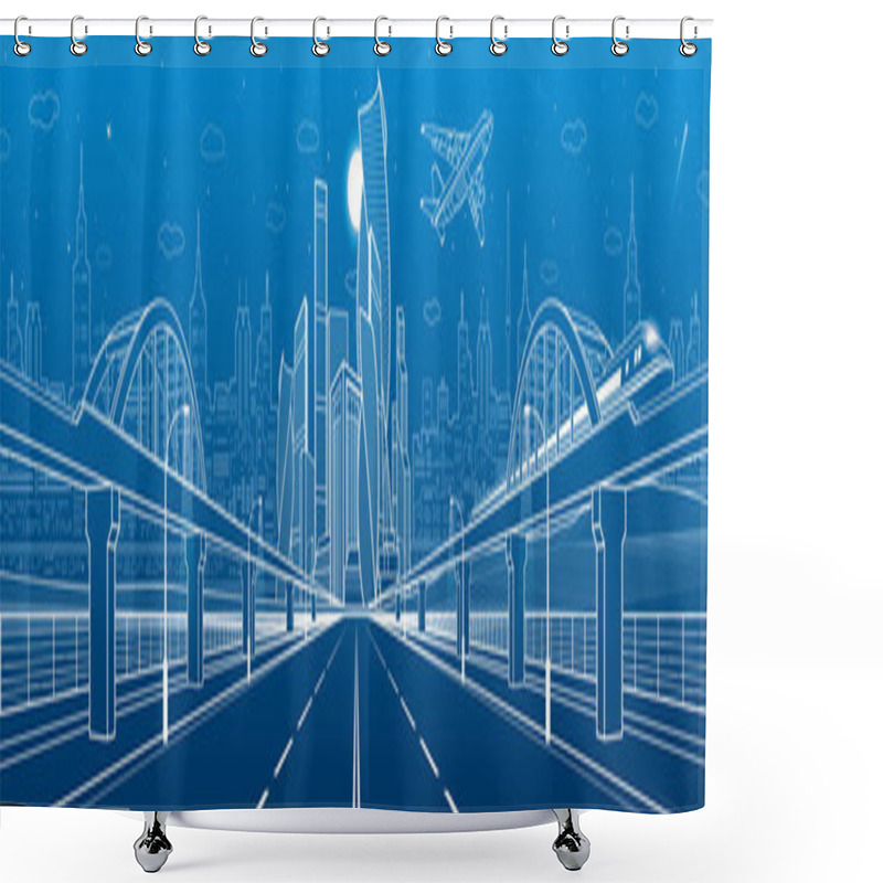 Personality  Railway Bridge Over Wide Highway. Urban Infrastructure Panorama, Modern City On Background, Industrial Architecture. Train Rides. Airplane Fly. White Lines Illustration, Night Scene, Vector Design Art Shower Curtains