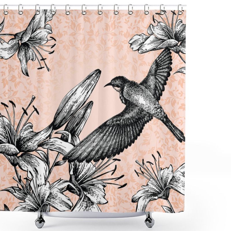 Personality  Background With A Flying Bird And Blooming Lilies Hand Drawing. Vector Shower Curtains