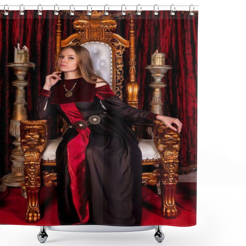 Personality  Medieval Queen In Historical Attire On Golden Throne In Castle. Portrait Of Young Woman In An Old Style Dress On An Antique Throne In Reception Room Of Fortress. Concept Of Themed Costume Events Shower Curtains