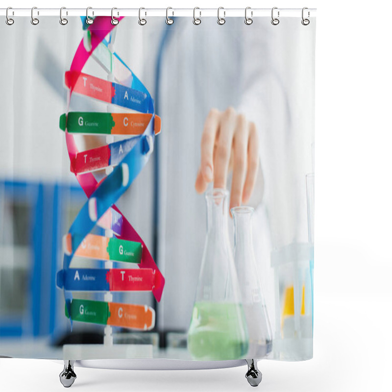 Personality  Selective Focus Of Dna Model And Flasks Near Cropped Geneticist On Blurred Background Shower Curtains