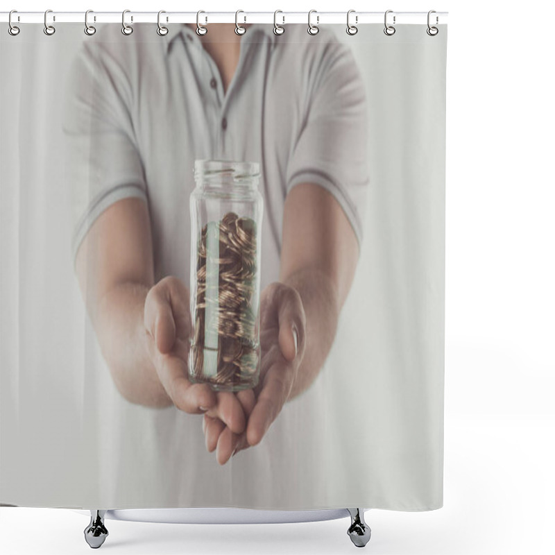 Personality  Cropped Image Of Man Showing Jar Of Coins In Hands Isolated On White, Saving Concept  Shower Curtains