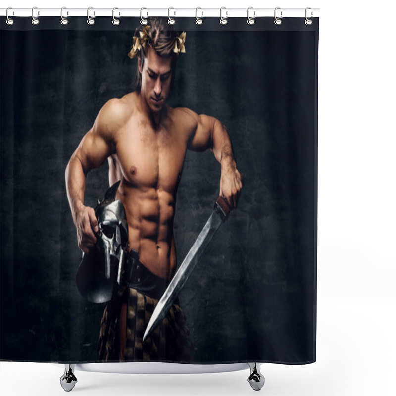 Personality  Attractive Powerful Man In Wreath Is Posing On Grey Background Shower Curtains