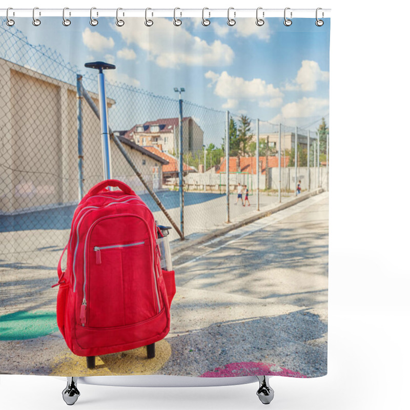 Personality  Modern Red Weightless School Bag With Handle And Wheels On The Schoolyard Shower Curtains