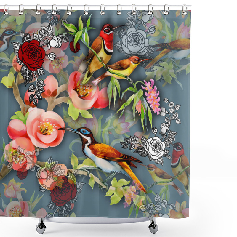 Personality  Seamless Pattern With Birds And Flowers Shower Curtains