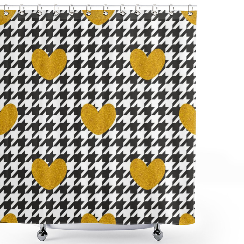 Personality  Tile Vector Pattern With Golden Hearts And Black And White Houndstooth Background Shower Curtains