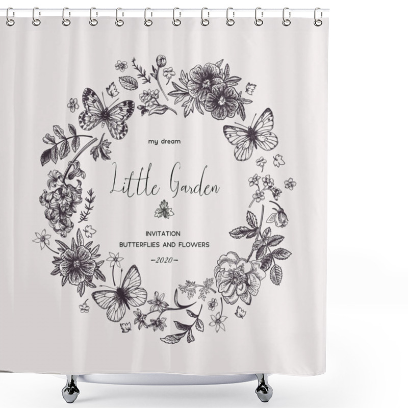 Personality  Little Garden. Wreath With Flowers And Butterflies. Modern Vector Botanical Illustration. Black And White. Shower Curtains