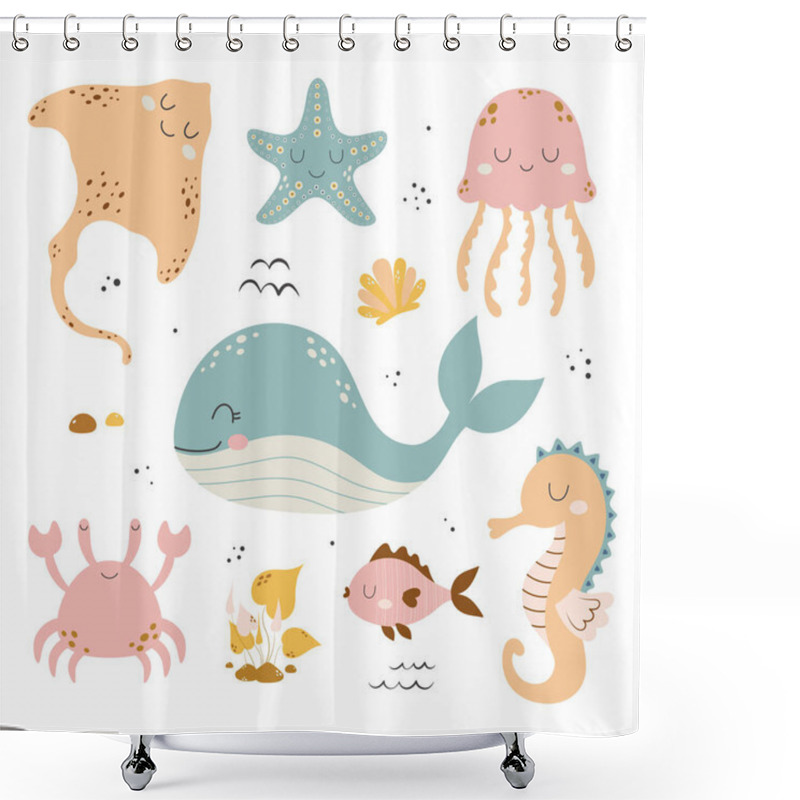 Personality  Cute Baby Sea Fishes, Crab, Whale, Stingray And Algae, Vector Cartoon Underwater Animals Collection, Jellyfish, Starfish, Seahorse And Shell, Ocean And Sea Life Illustration Shower Curtains