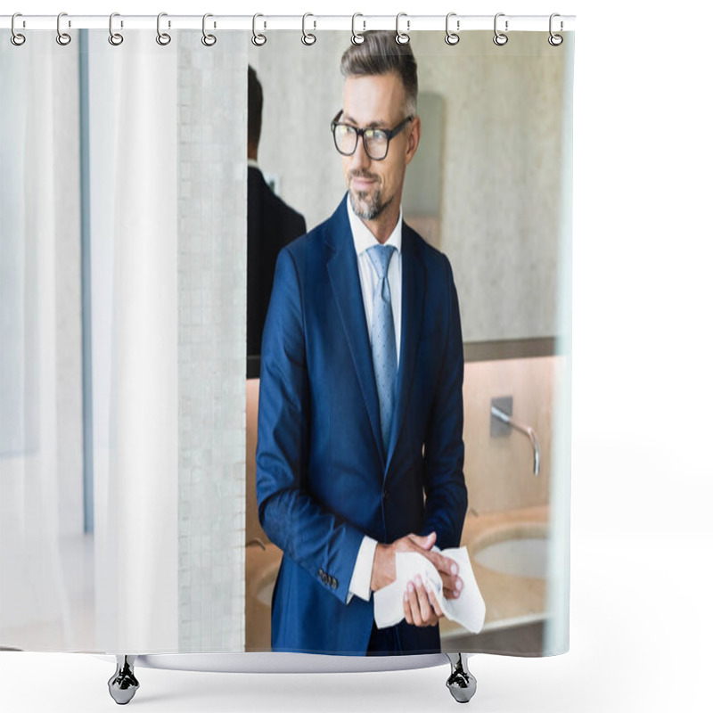 Personality  Handsome Businessman In Formal Wear And Glasses Wiping Hands  Shower Curtains