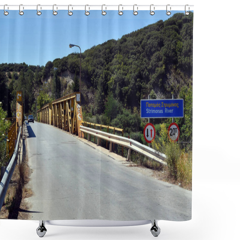 Personality  Greece, Traffic Sign Waiting Obligation For Oncoming Traffic And Weight Restriction On The Bridge Over The Strimonas River Shower Curtains