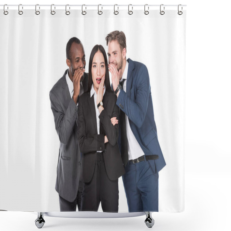 Personality  Portrait Of Multiethnic Businessmen Telling Secret To Asian Businesswoman Isolated On White Shower Curtains