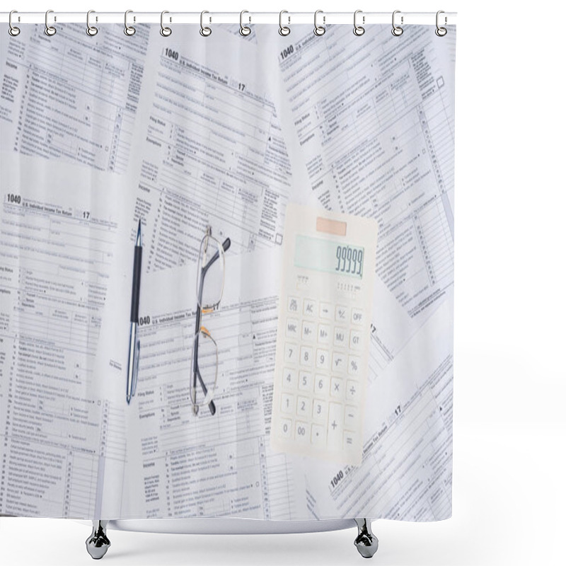 Personality  Top View Of Calculator, Pen And Glasses With Tax Forms On Background Shower Curtains