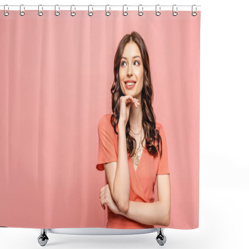 Personality  Happy Young Woman Holding Hand Near Face While Looking Away Isolated On Pink Shower Curtains