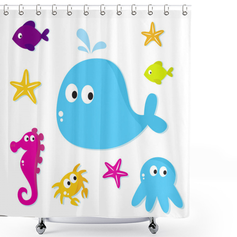 Personality  Cartoon Sea Fishes And Animals Icons Isolated On White Backgroun Shower Curtains