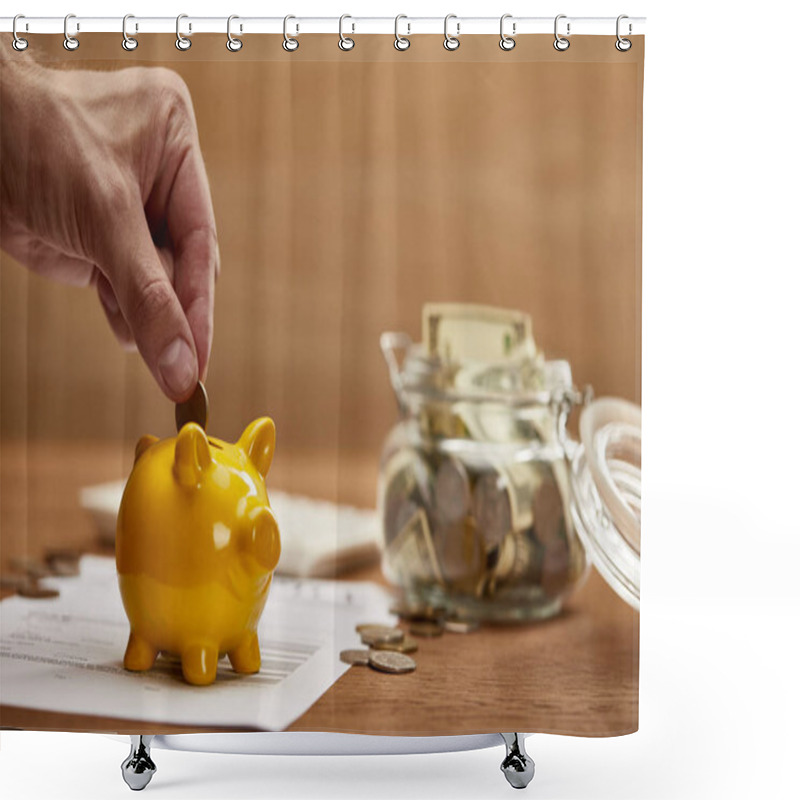 Personality  Cropped View Of Man Putting Coin In Yellow Piggy Bank Shower Curtains