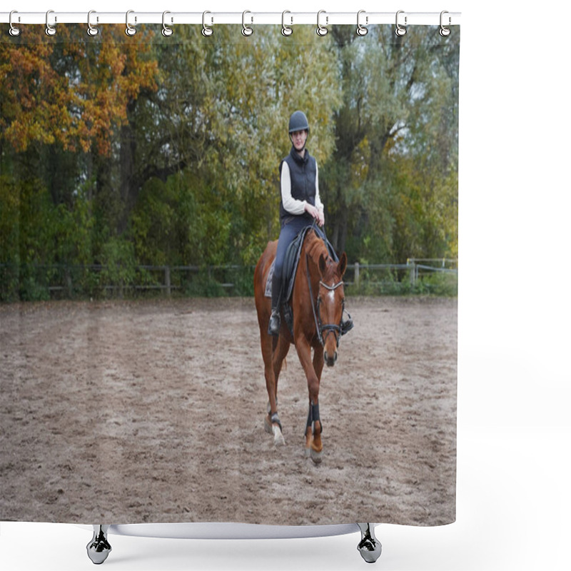 Personality  Red-brown Oldenburg Mare And Rider Training On The Riding Ground In Bavaria  Shower Curtains