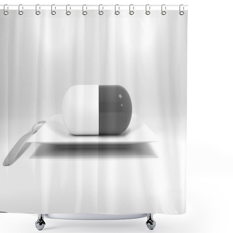 Personality  Large Grey Pill On White Plate And Silver Spoon Shower Curtains