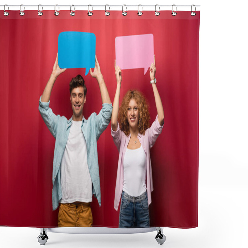 Personality  Smiling Couple Holding Pink And Blue Speech Bubbles, On Red Shower Curtains