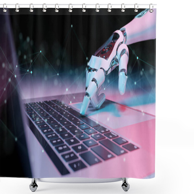 Personality  Robotic Hand Pressing A Keyboard On A Laptop 3D Rendering Shower Curtains