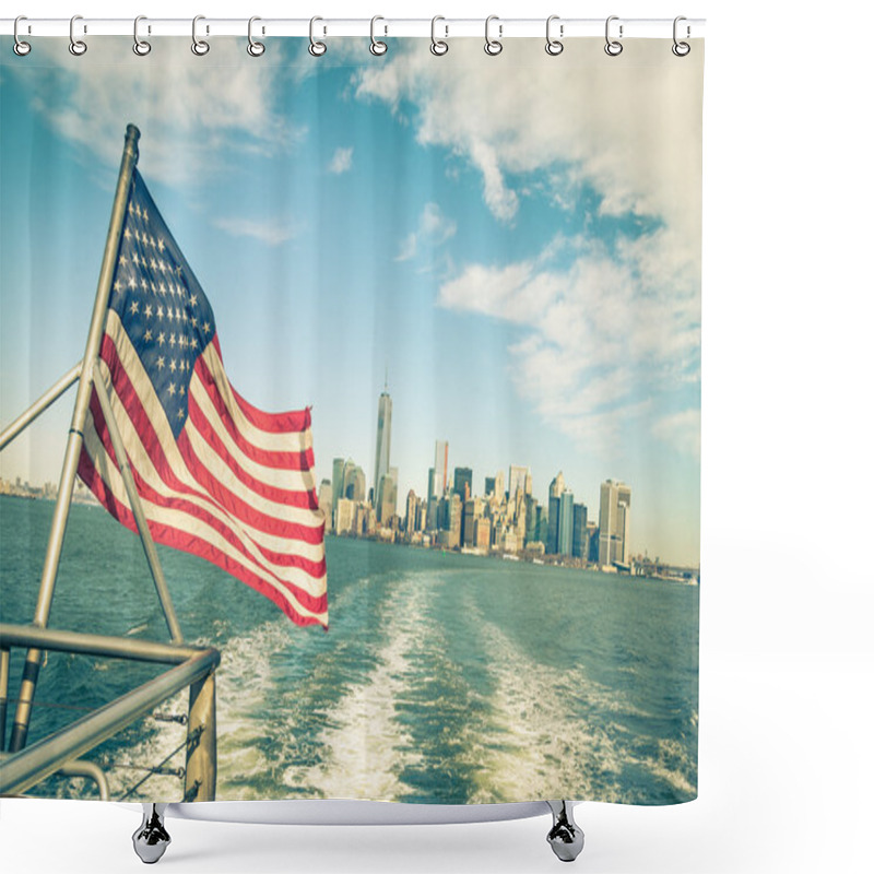 Personality  New York And Manhattan Skyline From Hudson River With American Flag - Vintage Filtered Look With Tilted Horizon Shower Curtains