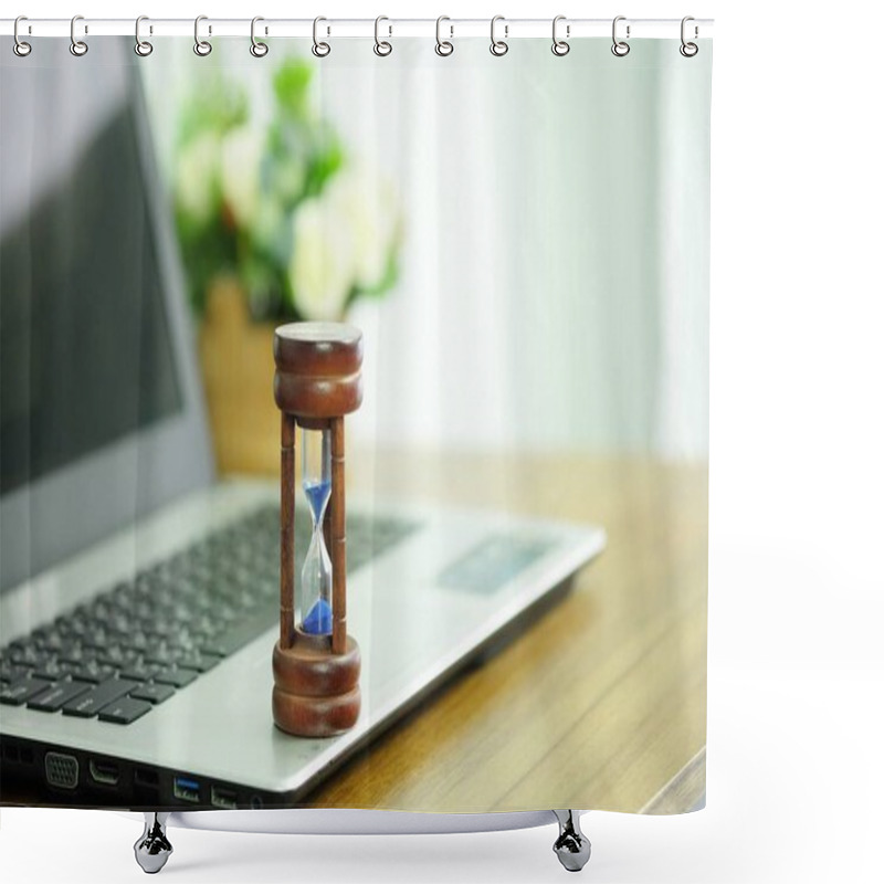 Personality  Wooden Hourglass On A Laptop Computer, Managing Time And Countdown To Deadline Concept. Shower Curtains