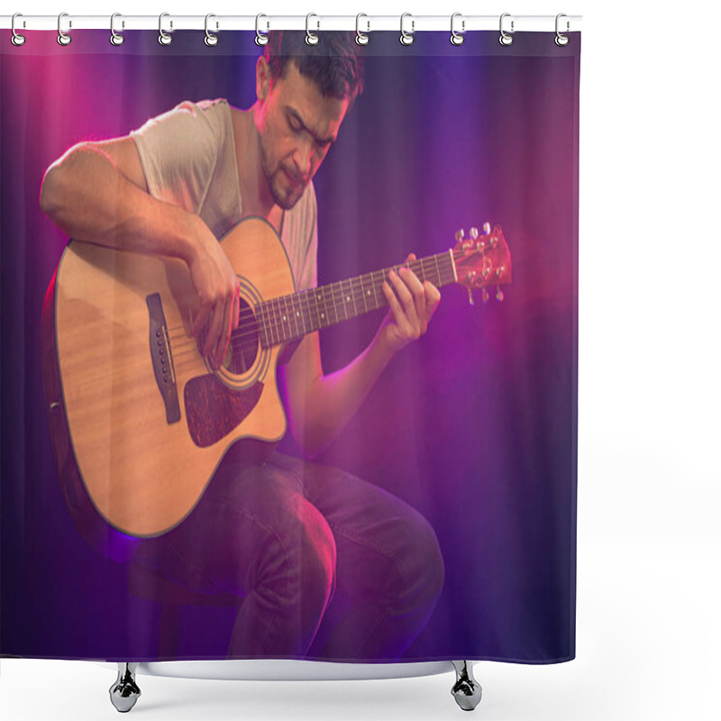 Personality  The Musician Plays An Acoustic Guitar. Beautiful Background With Shower Curtains