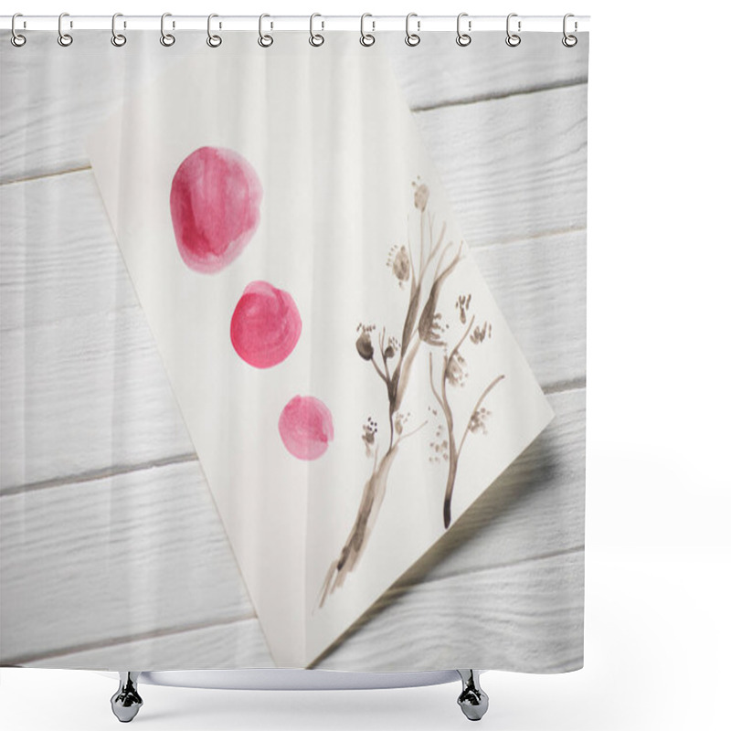 Personality  High Angle View Of Paper With Japanese Painting With Plant And Pink Circles On Wooden Background Shower Curtains