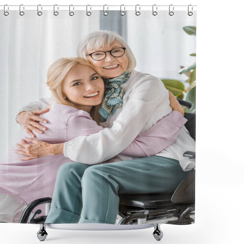 Personality  Young Cheerful Woman Hugging Senior Woman In Wheelchair  Shower Curtains