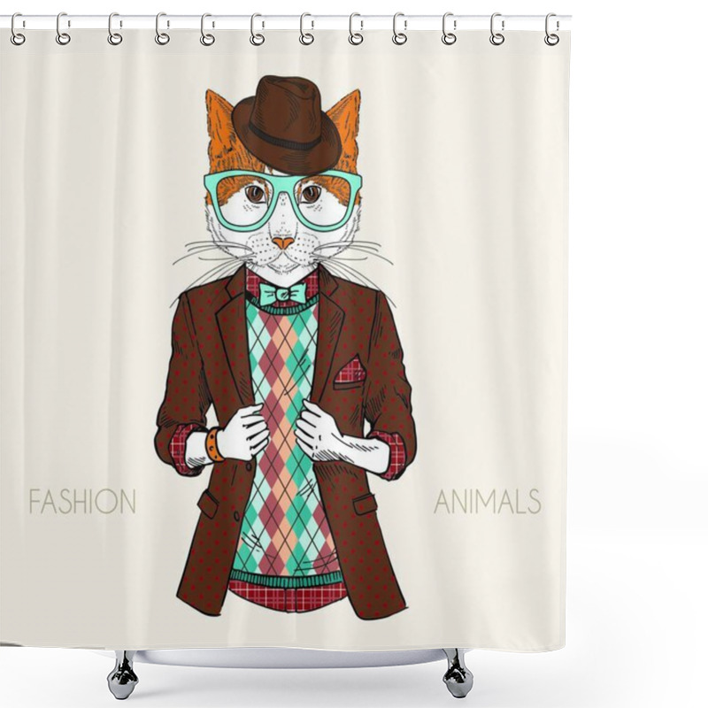 Personality  Fashion Illustration Of Cat Dressed Up In Hipster Style Shower Curtains