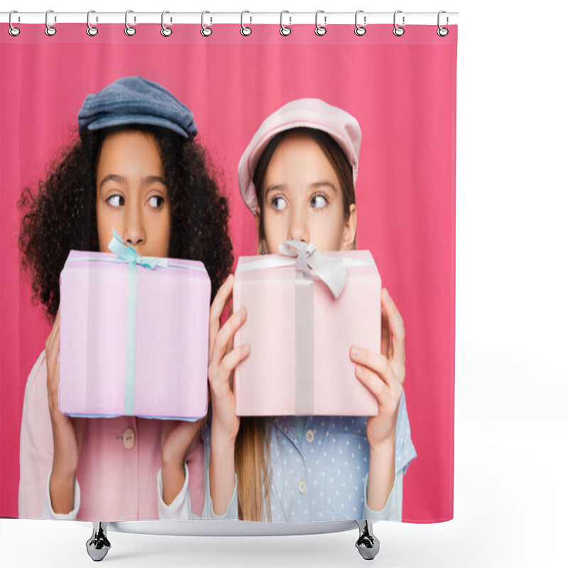 Personality  Fashionable Interracial Girls In Trendy Caps Holding Gifts Isolated On Pink Shower Curtains