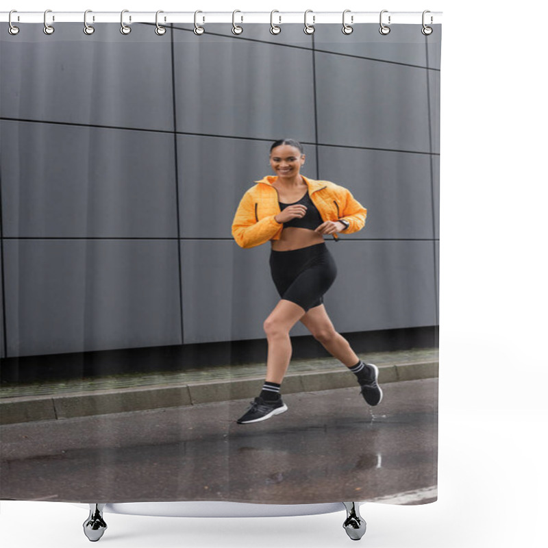 Personality  Full Length Of Cheerful African American Sportswoman In Bike Shorts And Yellow Puffer Jacket Exercising Outside  Shower Curtains