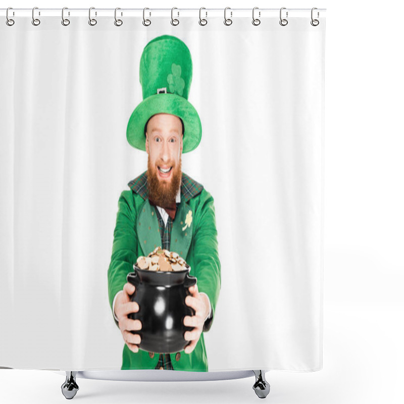 Personality  Excited Leprechaun In Green Suit Holding Pot Of Gold, Isolated On White  Shower Curtains