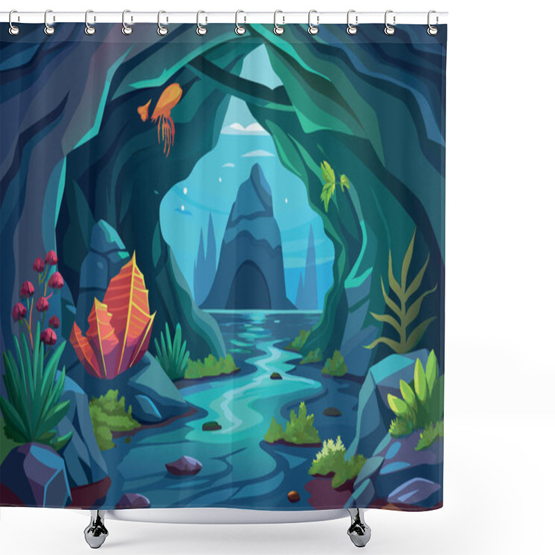 Personality  Sunlight Entering A Cave With Water And Rocks On A Clear Day- Shower Curtains