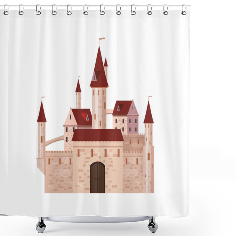 Personality  Castle, Fortress, Ancient, Architecture Middle Ages Europe, Medieval Palace With High Towers And Conical Roofs, Vector, Banners, Isolated, Illustration, Cartoon Style Shower Curtains