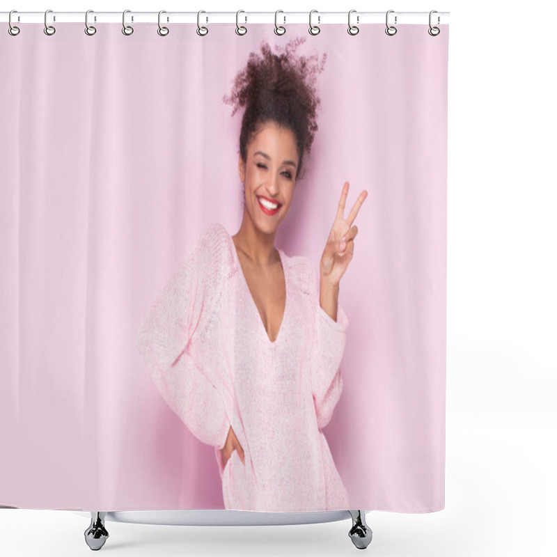 Personality  Happy Afro Girl With Amazing Smile Posing On Pink Background. Shower Curtains