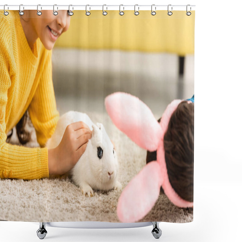 Personality  Cropped View Of Children Lying On Floor Near White Funny Rabbit Shower Curtains