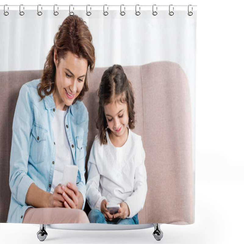 Personality  Happy Mother And Daughter Sitting On Brown Sofa And Using Smartphones On White  Shower Curtains