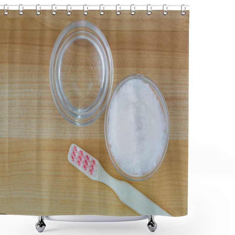 Personality  Bowl Of Baking Soda Powder, Vinegar Next To Toothbrush Used As Cleaning Solution Shower Curtains