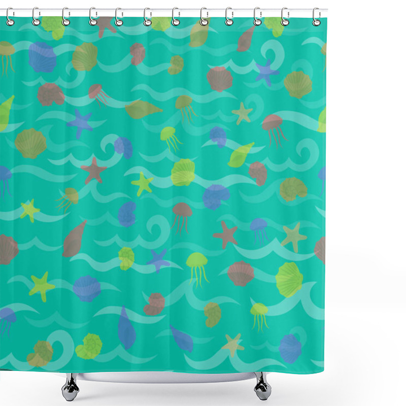 Personality  Seamless Sea Pattern In Nautical-inspired Design. Sea Background With Seashells, Starfishes And Jellyfishes. Blue Ocean Water Wave. Vector Seamless Pattern With Marine Life. Shower Curtains