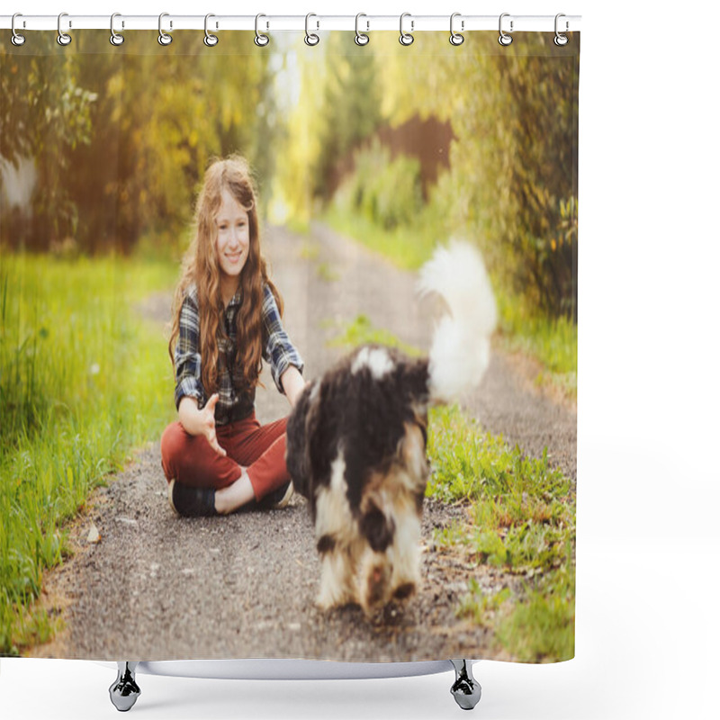 Personality  Happy Kid Girl Walking With Her Cavalier King Charles Spaniel Dog On Summer Country Road. Training Her Puppy And Having Fun.  Shower Curtains