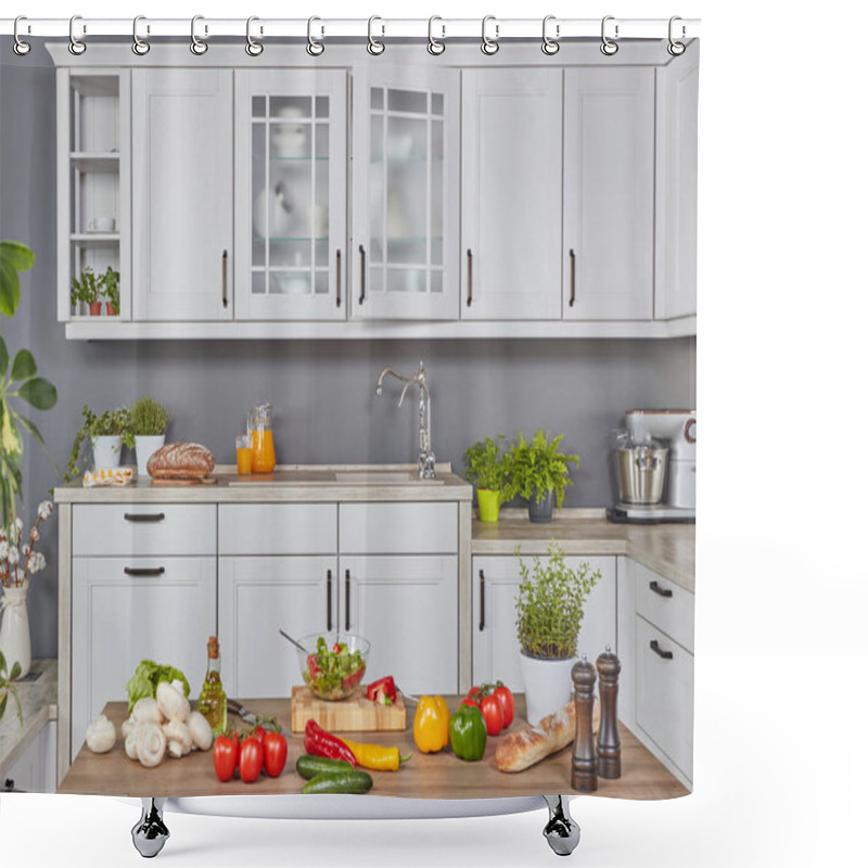 Personality  Front View Of A Cooking Counter Top In A Modern Kitchen Shower Curtains