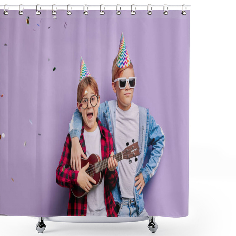 Personality  Happy Boys Happy In Birthday Isolated Over Purple Background Shower Curtains