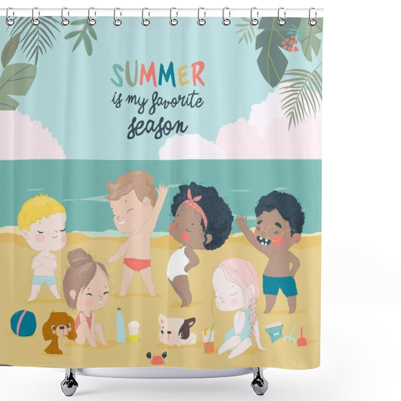 Personality  Kids Sunbath Swimming In The Sea At Summer Childrens Camp On Sea Beach Shores. Vector Illustration Shower Curtains