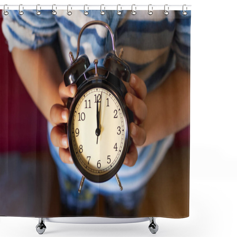 Personality  Child In Pajamas Holding With His Hands A Black Alarm Clock With Retro Style. Shower Curtains