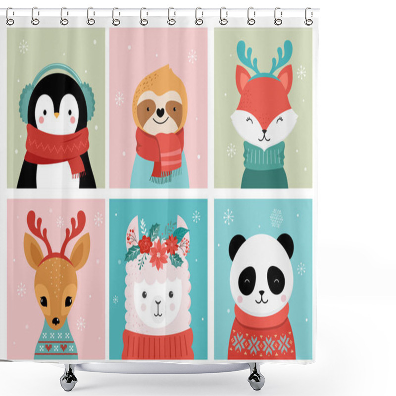 Personality  Collection Of Christmas Cute Animals, Merry Christmas Illustrations Of Panda, Fox, Llama, Sloth, Cat And Dog With Winter Accessories Shower Curtains