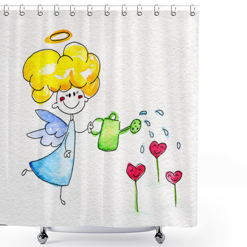 Personality  Cute Hand-drawn Angel Watering Flowers Shower Curtains