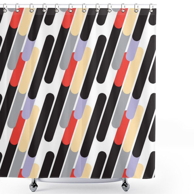 Personality  Diagonal Geometric Lines Memphis Seamless Pattern, Fabric Print. Modern Vector Abstract Seamless Pattern With Geometric Diagonal Shapes On The Striped Background. Memphis Style. Shower Curtains