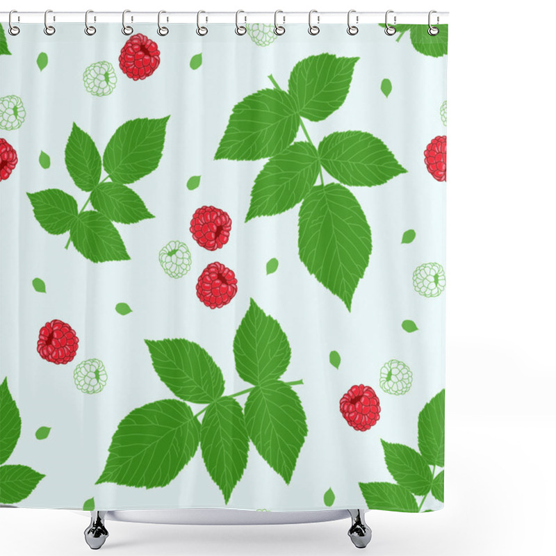 Personality  Seamless Pattern With Raspberries And Green Raspberry Leaves On A White Field Shower Curtains